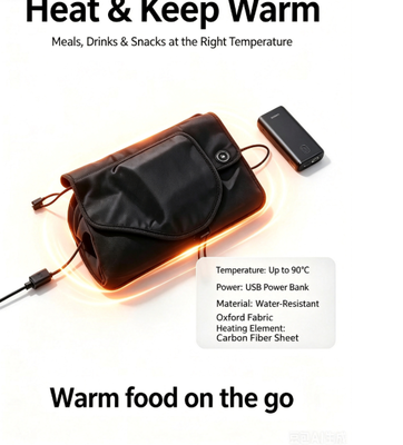 Sac chauffant alimentaire auto-scellant, alimenté par USB pour un chauffage doux et constant des repas emballés, idéal pour les voyages, les pique-niques et le quotidien