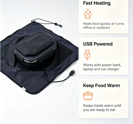 Sac chauffant alimentaire auto-scellant, alimenté par USB pour un chauffage doux et constant des repas emballés, idéal pour les voyages, les pique-niques et le quotidien