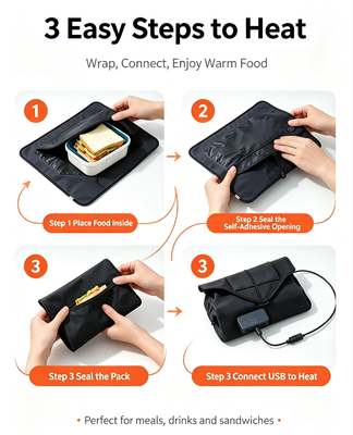 Sac chauffant alimentaire auto-scellant, alimenté par USB pour un chauffage doux et constant des repas emballés, idéal pour les voyages, les pique-niques et le quotidien