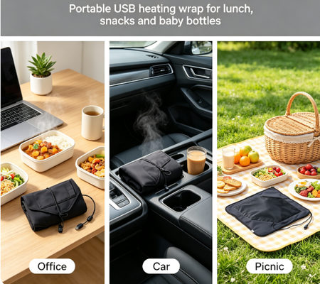 Sac chauffant alimentaire auto-scellant, alimenté par USB pour un chauffage doux et constant des repas emballés, idéal pour les voyages, les pique-niques et le quotidien