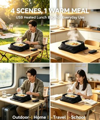 Sac chauffant alimentaire alimenté par USB avec surface de qualité alimentaire facile à nettoyer et idéal pour maintenir la chaleur constante des repas en déplacement