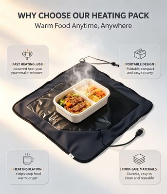 Sac chauffant alimentaire alimenté par USB avec surface de qualité alimentaire facile à nettoyer et idéal pour maintenir la chaleur constante des repas en déplacement