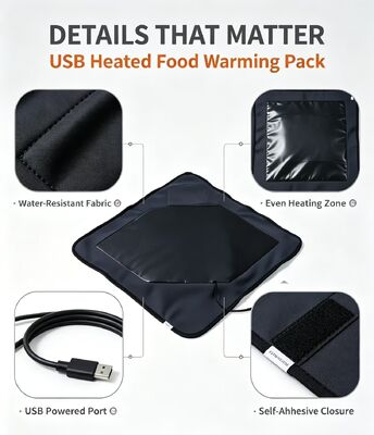 Sac de chauffage alimentaire alimenté par USB avec conception d'emballage flexible et matériaux de qualité alimentaire fournissant un chauffage doux et constant pour les repas emballés