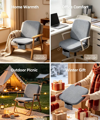 Coussin de siège chauffant USB en graphène OEM ODM, logo personnalisé, taille personnalisée, couleur personnalisée, coussin de chaise chauffant en lin et coton avec poche pour batterie externe, contrôle de température à 3 vitesses pour voiture, bureau, maison