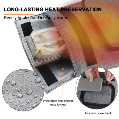 Sac électrique de chauffage pour déjeuner compatible avec plusieurs repas, USB étanche à l'eau, réchauffeur alimentaire, rangement de différents types d'aliments, régulation de la température de 50 à 59 °C à 3 niveaux, chargeur amovible lavable, étanche aux fuites pour les voyages en plein air