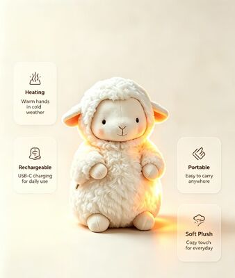 Adorable Mouton en forme de coussin chauffant USB, contrôle de température à 3 niveaux 40-60℃, polyester doux et agréable pour la peau, sans danger pour les enfants pour un usage quotidien à la maison, chauffe-mains portable en déplacement avec autonomie de 6-8H