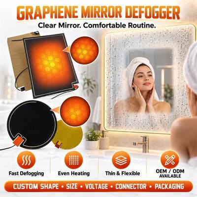Plaquette de chauffage pour débrouilleur de miroirs au graphène, forme personnalisée, taille, tension, film flexible résistant à l'humidité pour miroirs de salle de bain