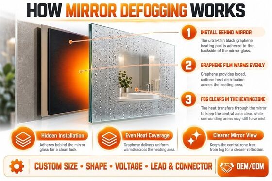 Plaquette de chauffage pour débrouilleur de miroirs au graphène, forme personnalisée, taille, tension, film flexible résistant à l'humidité pour miroirs de salle de bain