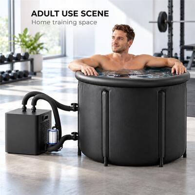 Baignoire à glace avec refroidisseur externe, baignoire ronde noire pour immersion à froid avec deux tuyaux d'eau, filtre et couvercle à boucle pour projets personnalisés