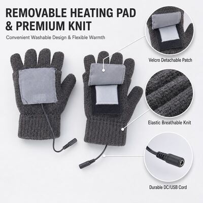 USB Heated Knit Gloves, 5V Fingerless Winter Gloves with Detachable Velcro Heating Pad, 40-50C Constant Warmth, Overheat Protection, CE FCC RoHS, Custom Color Logo and Packaging
