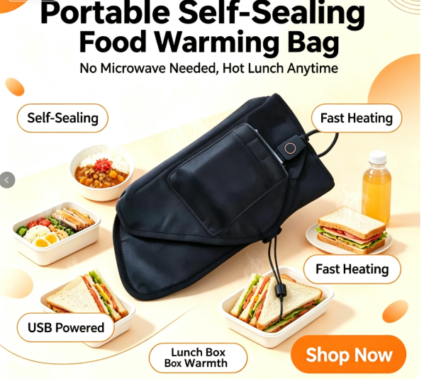 Sac chauffant alimentaire auto-scellant, alimenté par USB pour un chauffage doux et constant des repas emballés, idéal pour les voyages, les pique-niques et le quotidien