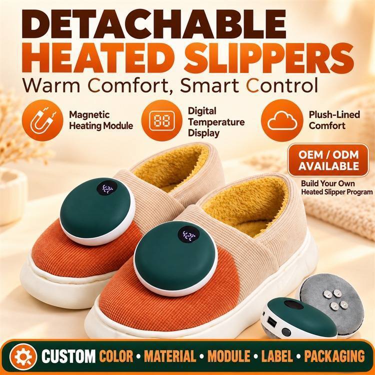 Pantoufles chauffantes magnétiques détachables, module de chauffage en graphène avec affichage numérique, étiquette de matériau de couleur personnalisée et emballage