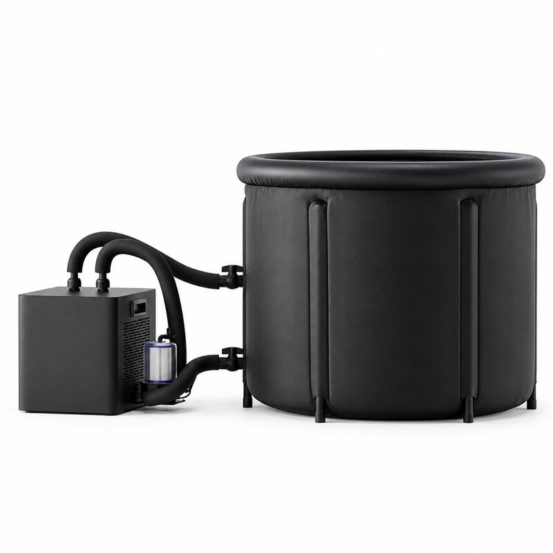 Baignoire à glace avec refroidisseur externe, baignoire ronde noire pour immersion à froid avec deux tuyaux d'eau, filtre et couvercle à boucle pour projets personnalisés