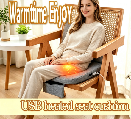Coussin de siège chauffant USB en graphène, coussin de chaise chauffant en lin et coton avec poche intégrée pour batterie externe, réglage de température à 3 vitesses, coussin de siège portable chaud en mousse de 3 cm d'épaisseur 45x45 cm pour voiture, maison, bureau