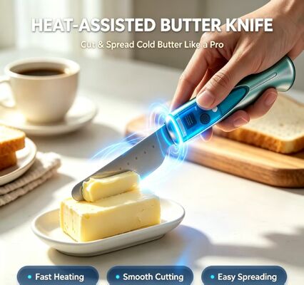 Capteur tactile couteau intelligent de chauffage du beurre, coupe-beurre électrique imperméable à l'eau en alliage d'acier inoxydable, batterie rechargeable USB de 1020 mAh 3.7V Appareil d'adoucissement et de coupe du beurre de cuisine