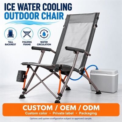 Chaise pliante extérieure à refroidissement par eau glacée, boîte extérieure à eau glacée avec canal de circulation de refroidissement, cadre pliant haut pour dos avec contrôle des flocons de neige, étiquette privée et emballage de couleur personnalisée
