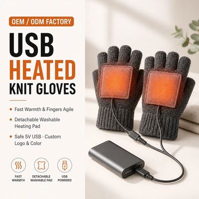 Gants tricotés chauffants USB, gants d'hiver sans doigts 5V avec coussin chauffant détachable en Velcro, chaleur constante 40-50C, protection contre la surchauffe, CE FCC RoHS, logo couleur et emballage personnalisés
