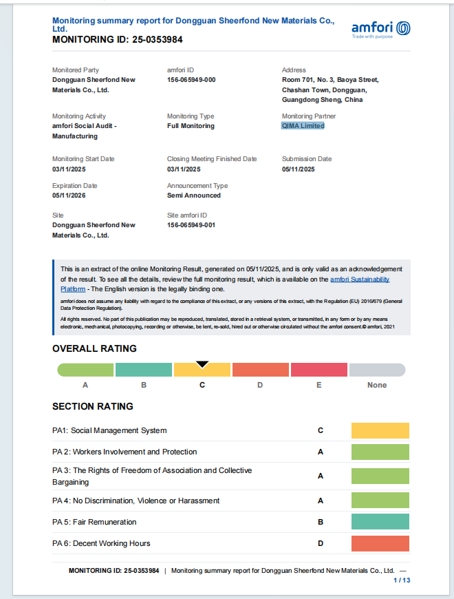 Chine Dongguan Sheerfond New Materials Co., Ltd. Certifications