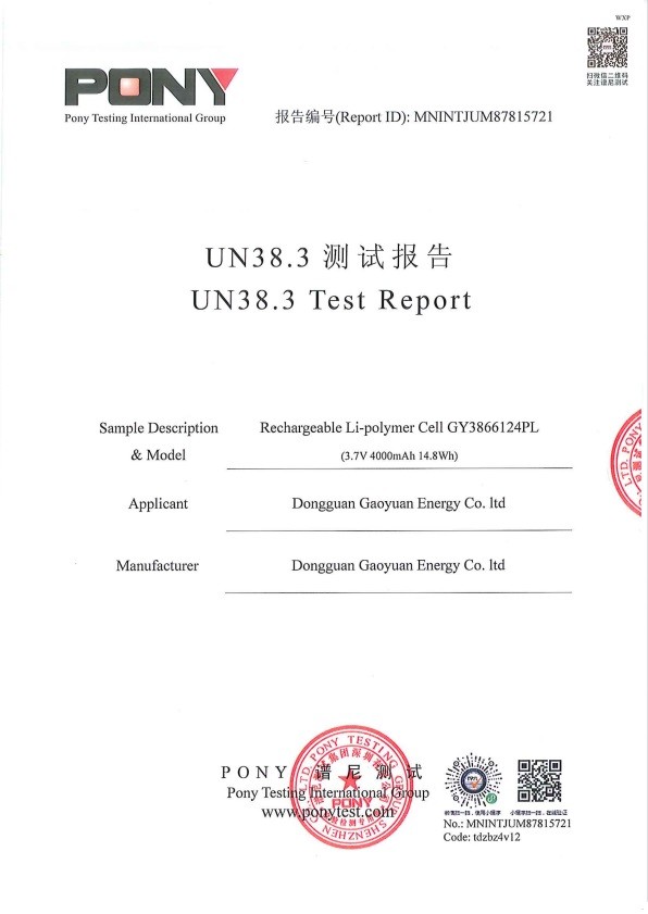 Chine Dongguan Gaoyuan Energy Co., Ltd Certifications